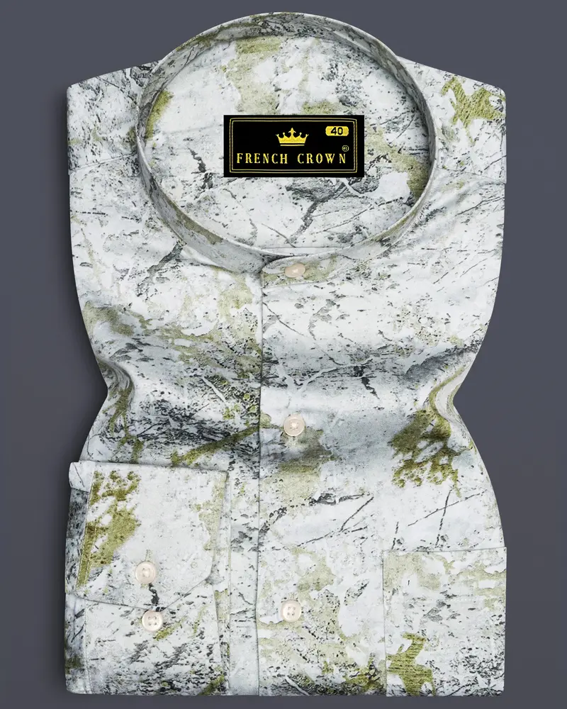 Camivor-Bright White With Camo Green Moss Marble Printed Subtle Sheen Super Soft Premium Cotton Casual Shirt 6