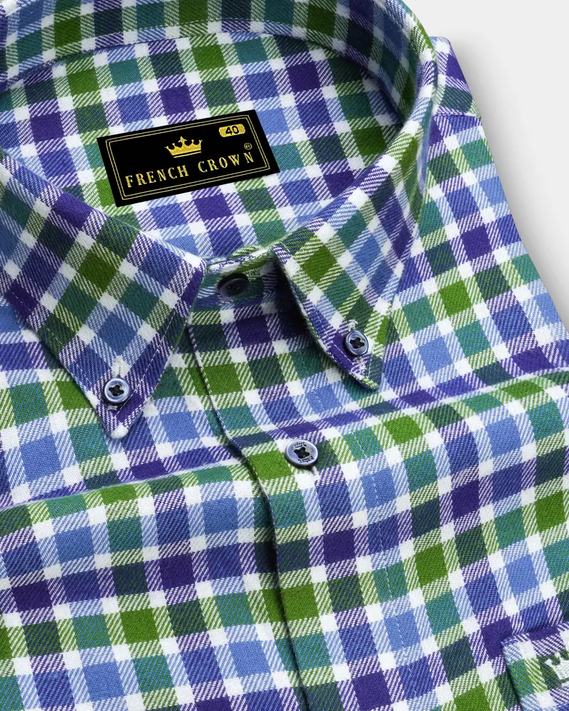 Camo Green And Gigas Blue Twill Gingham Premium Cotton Overshirt/Shacket 1