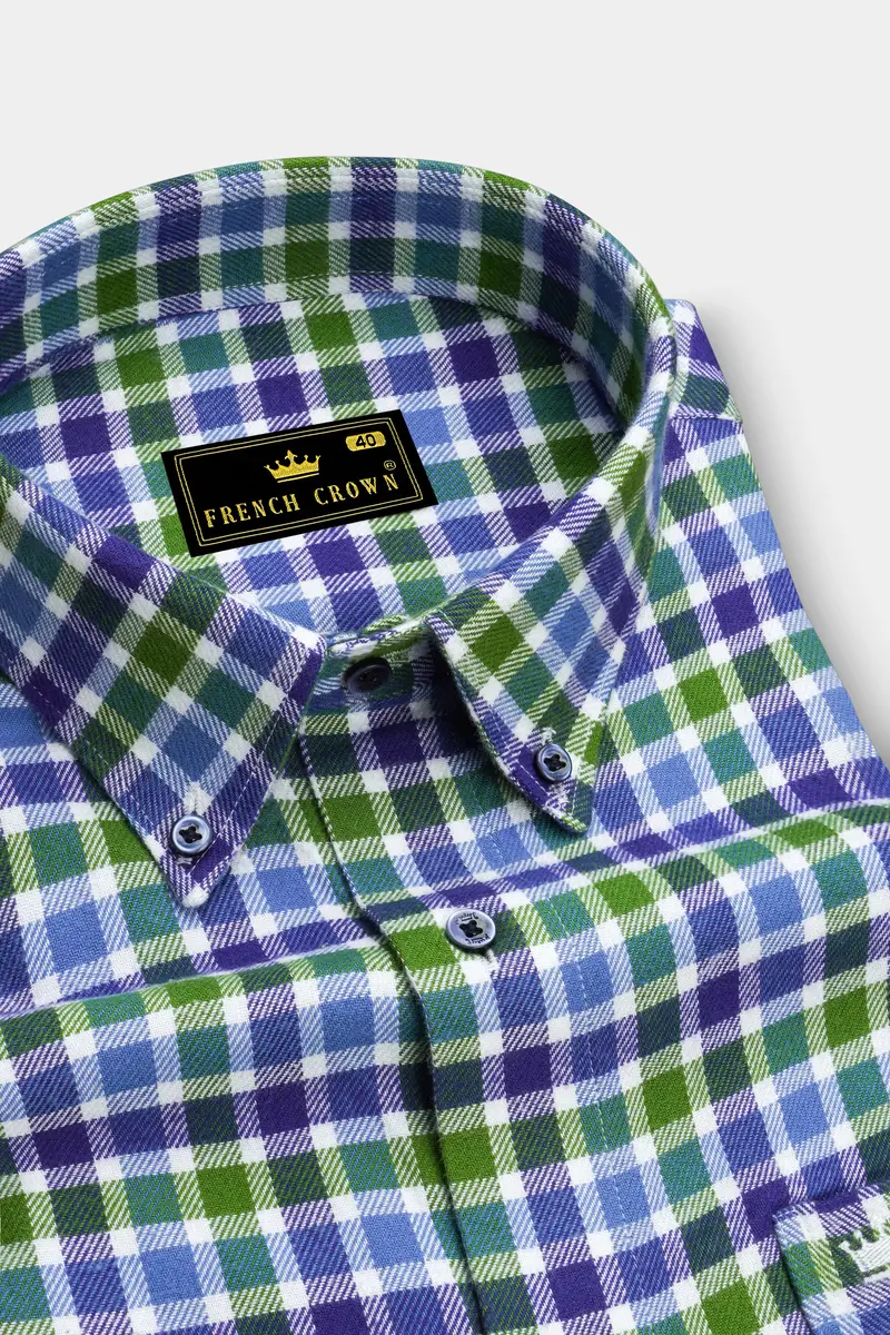 Camo Green And Gigas Blue Twill Gingham Premium Cotton Overshirt/Shacket 2