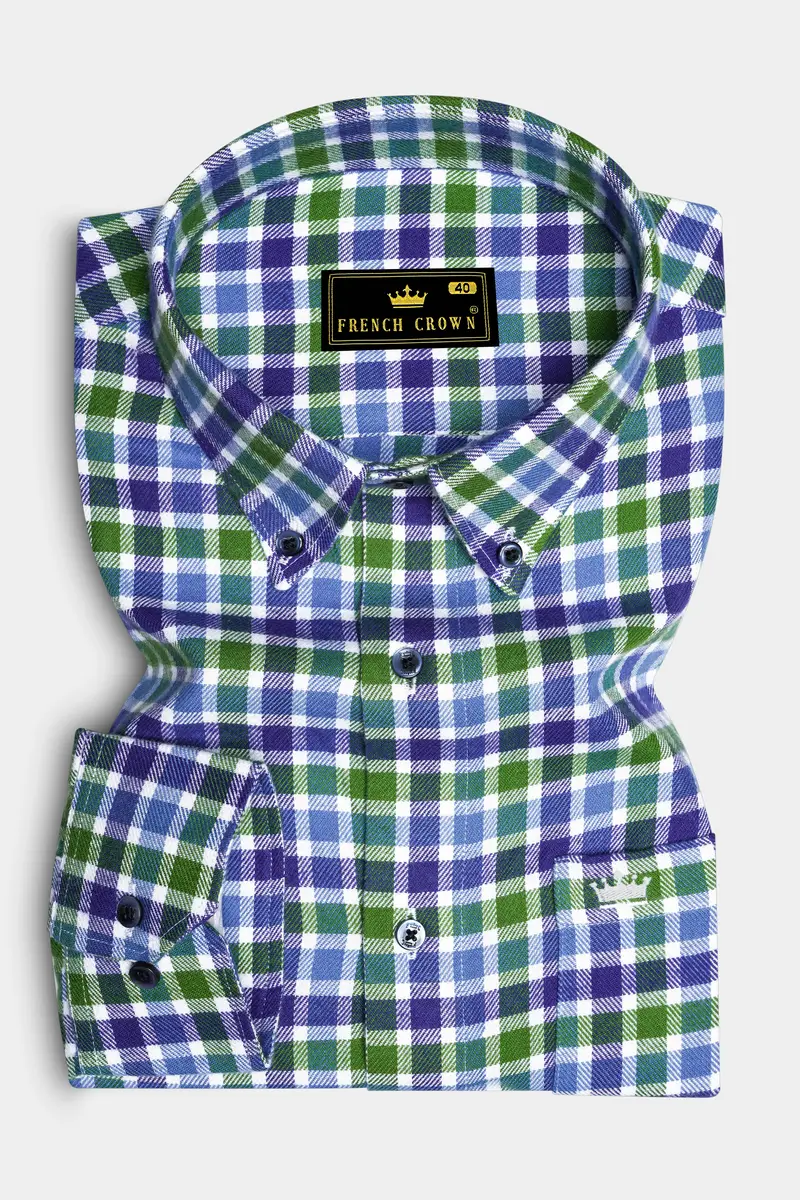 Camo Green And Gigas Blue Twill Gingham Premium Cotton Overshirt/Shacket 4