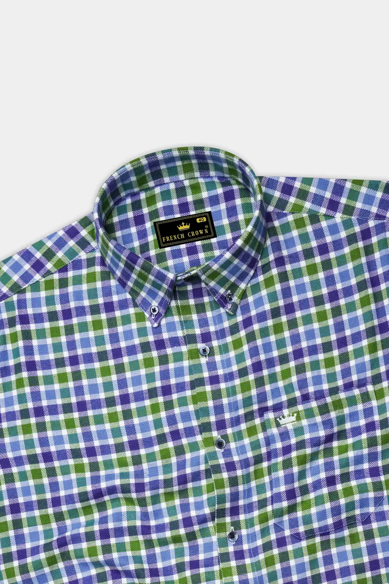 Camo Green And Gigas Blue Twill Gingham Premium Cotton Overshirt/Shacket 5