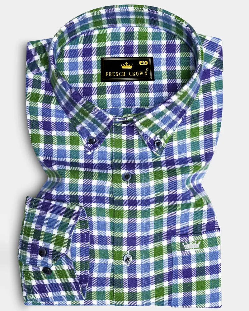 Camo Green And Gigas Blue Twill Gingham Premium Cotton Overshirt/Shacket 6