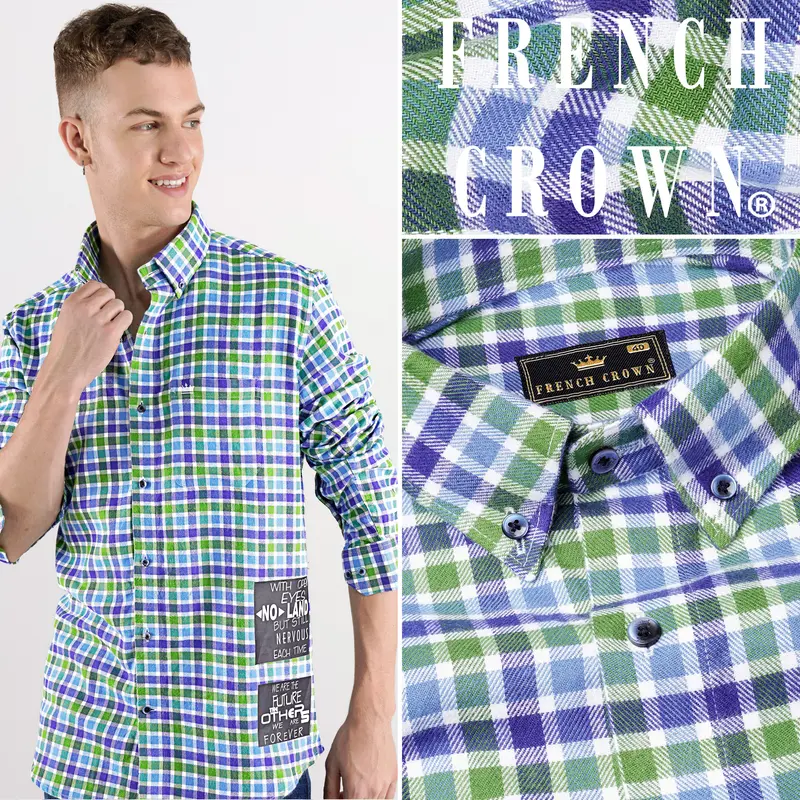 Camo Green With Gigas Blue Checkered Funky Printed Twill Premium Cotton Designer Shirt 1