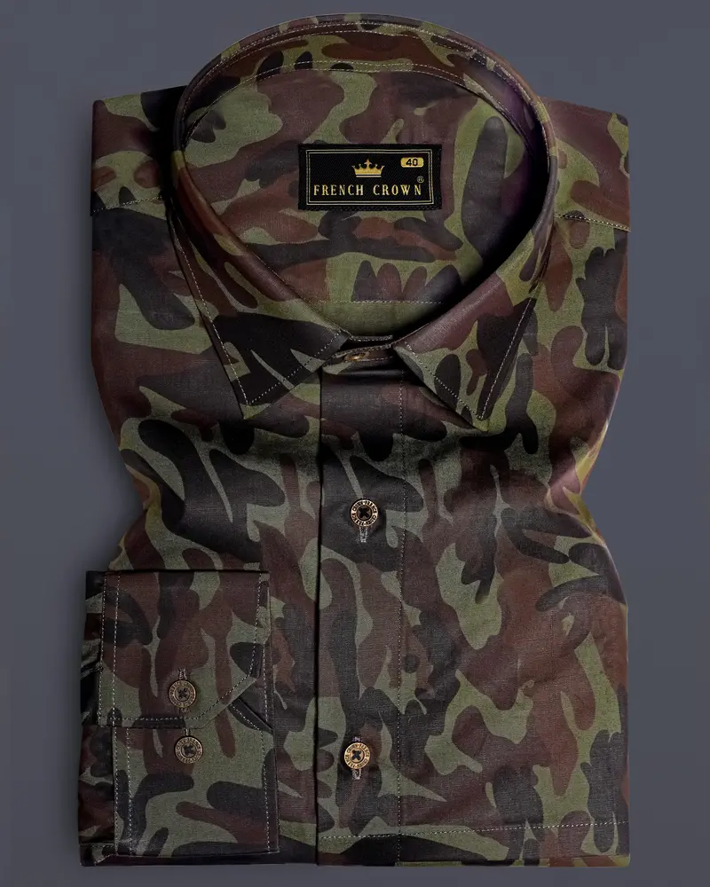 Camouflage-Finch Green And Taupe Brown Military Printed Oxford Premium Cotton Casual Designer Shirt 1