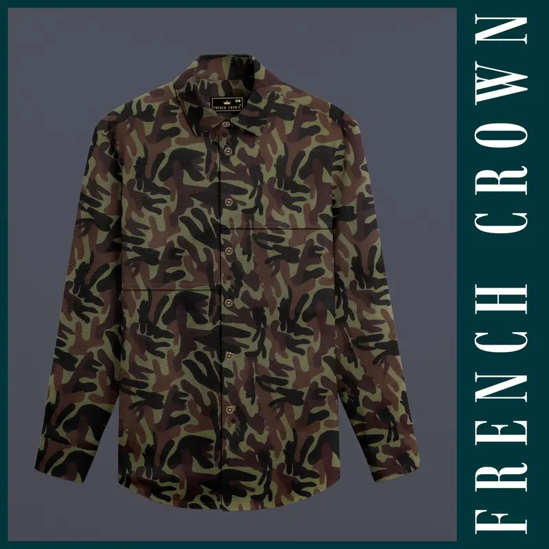 Camouflage-Finch Green And Taupe Brown Military Printed Oxford Premium Cotton Casual Designer Shirt 10