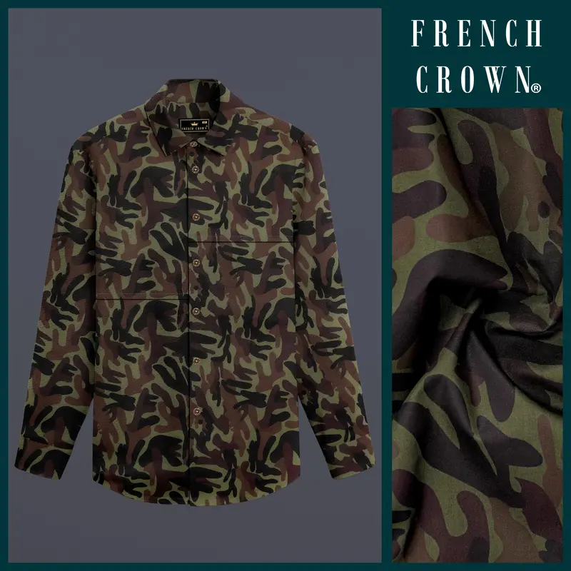 Camouflage-Finch Green And Taupe Brown Military Printed Oxford Premium Cotton Casual Designer Shirt 11