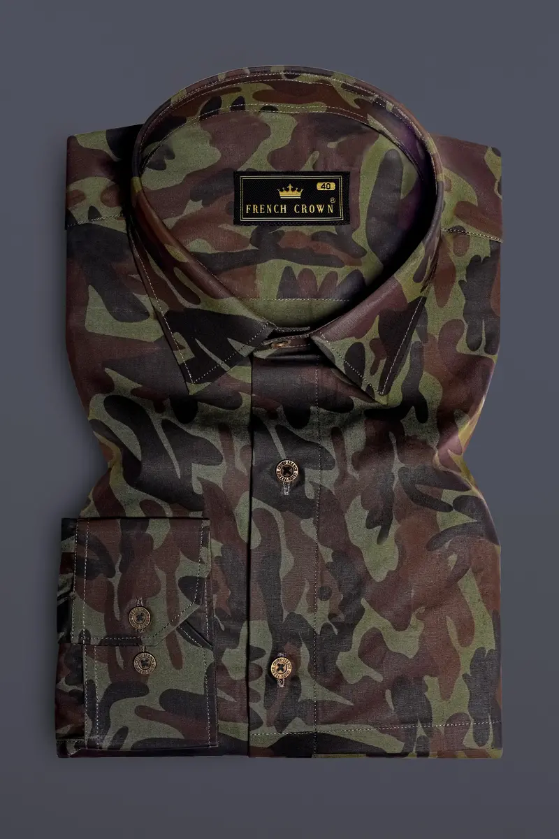 Camouflage-Finch Green And Taupe Brown Military Printed Oxford Premium Cotton Casual Designer Shirt 2