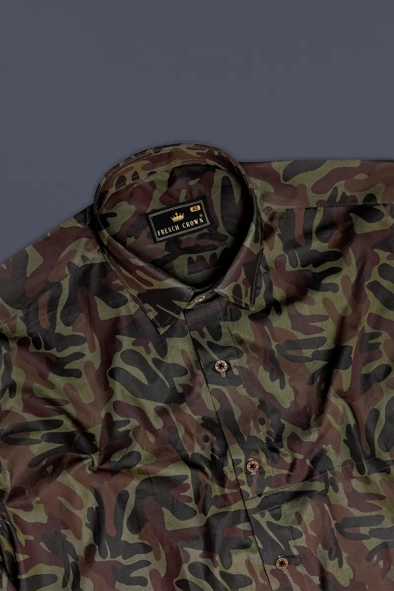 Camouflage-Finch Green And Taupe Brown Military Printed Oxford Premium Cotton Casual Designer Shirt 5