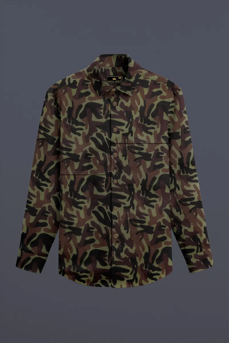 Camouflage-Finch Green And Taupe Brown Military Printed Oxford Premium Cotton Casual Designer Shirt 6
