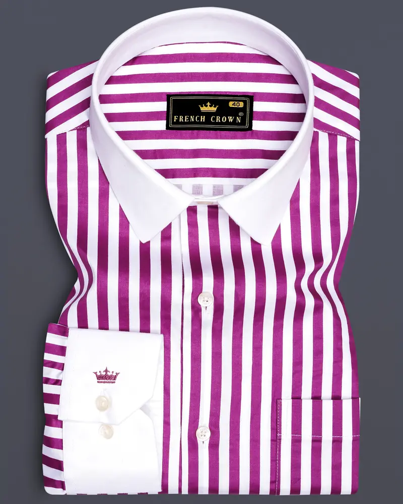 Candrosa-Fuchsia Purple And Bright White Candy Striped Subtle Sheen Super Soft Premium Cotton Cuff Collar Dress Shirt 1