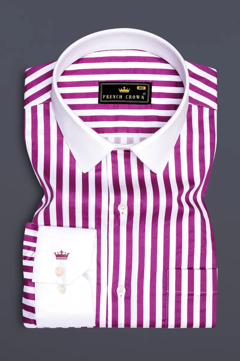 Candrosa-Fuchsia Purple And Bright White Candy Striped Subtle Sheen Super Soft Premium Cotton Cuff Collar Dress Shirt 2