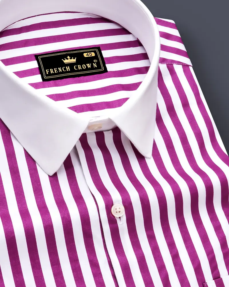 Candrosa-Fuchsia Purple And Bright White Candy Striped Subtle Sheen Super Soft Premium Cotton Cuff Collar Dress Shirt 4