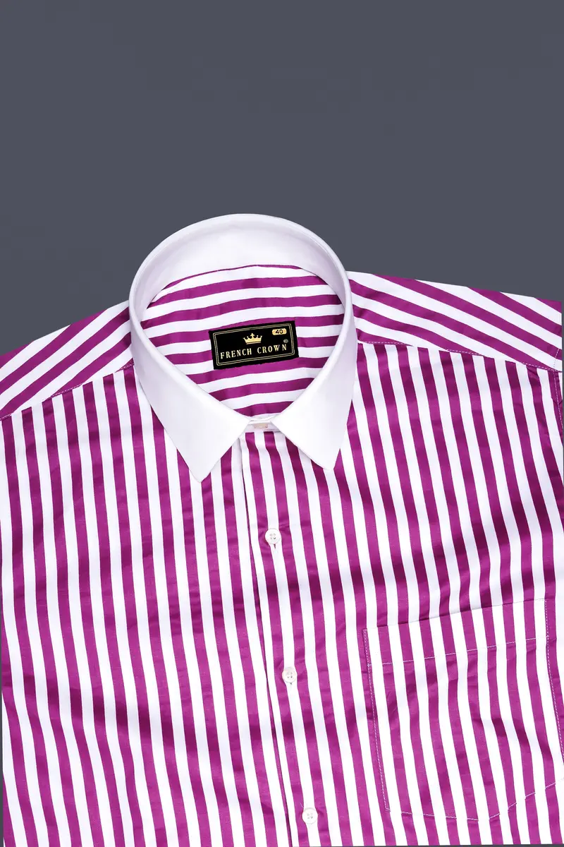 Candrosa-Fuchsia Purple And Bright White Candy Striped Subtle Sheen Super Soft Premium Cotton Cuff Collar Dress Shirt 5