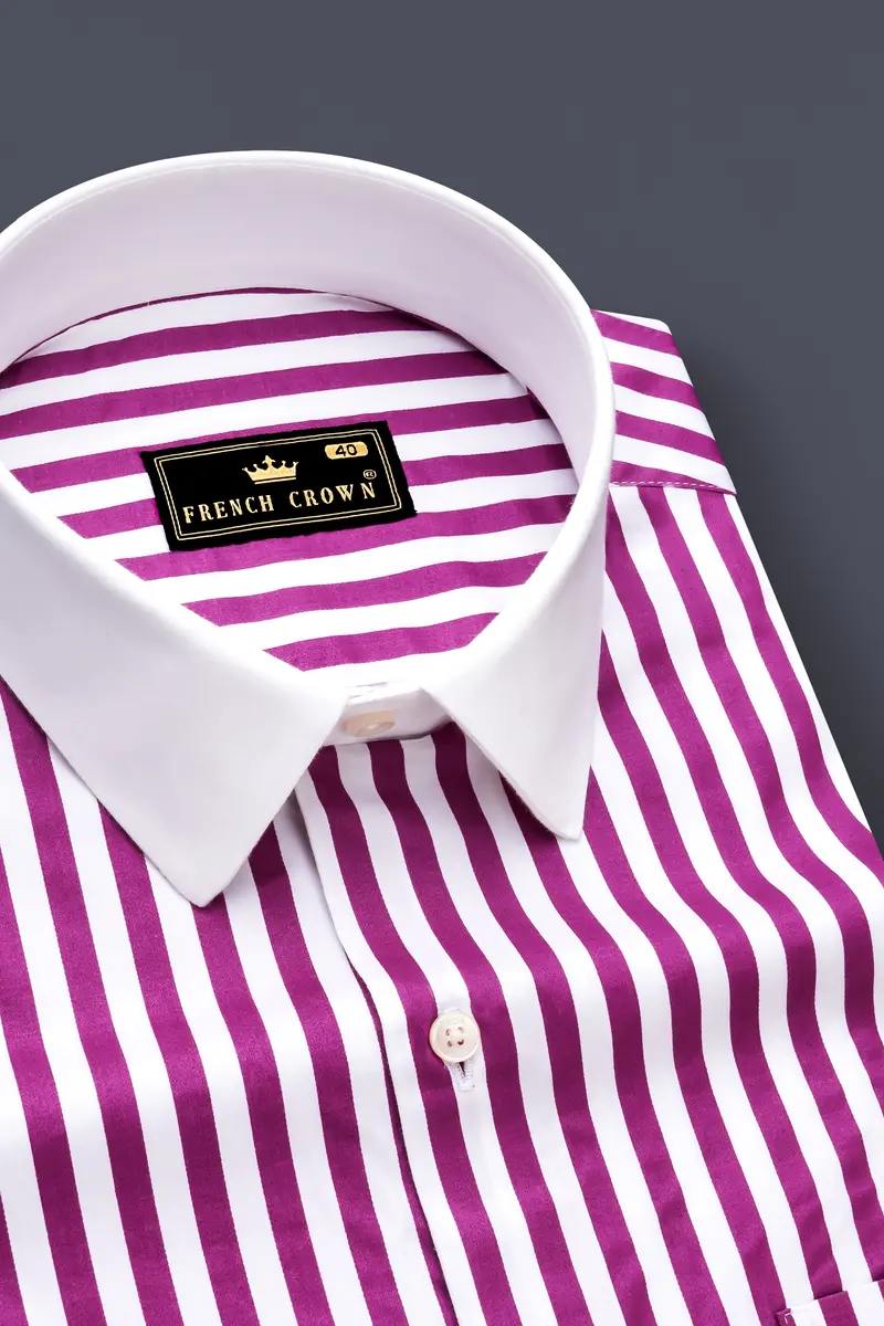 Candrosa-Fuchsia Purple And Bright White Candy Striped Subtle Sheen Super Soft Premium Cotton Cuff Collar Dress Shirt 6