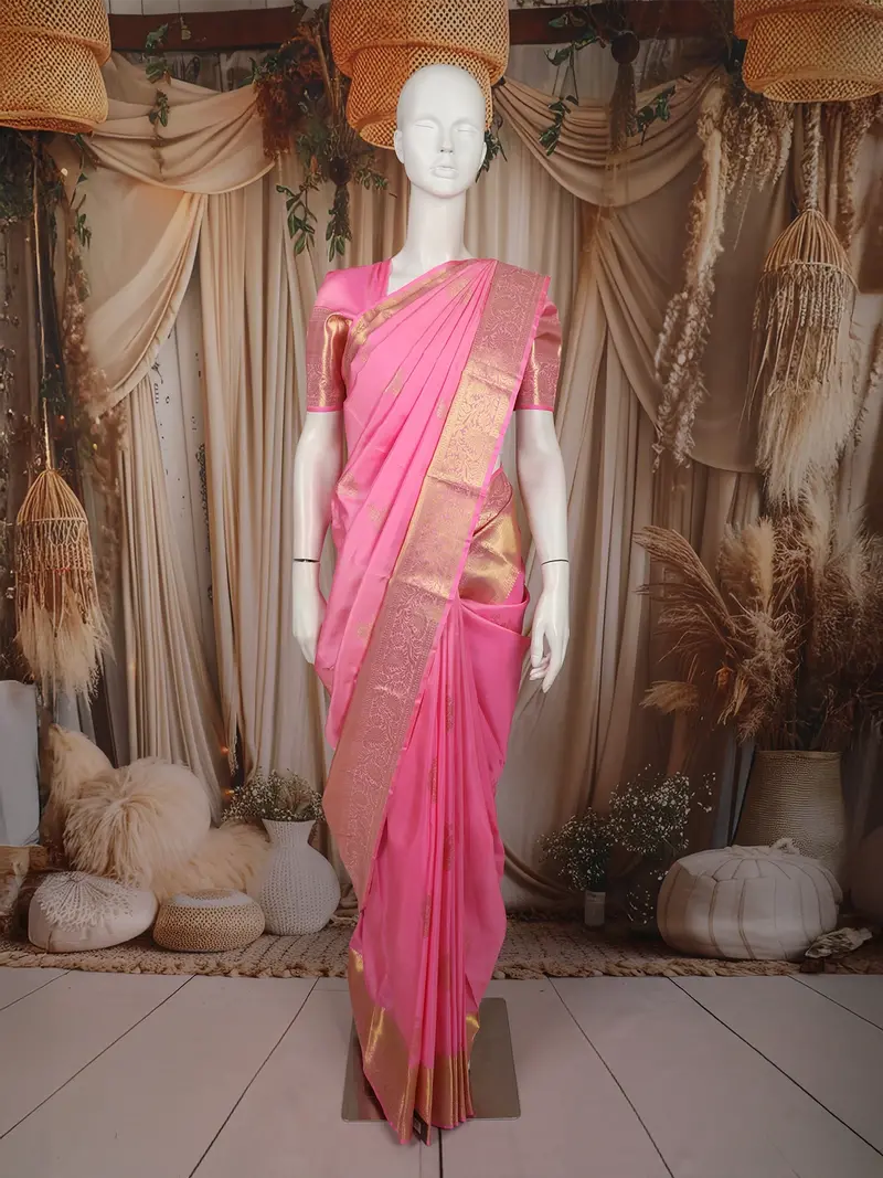 Candy Pink Butta Zari Woven Silk Saree With Self Gold Floral Border 1