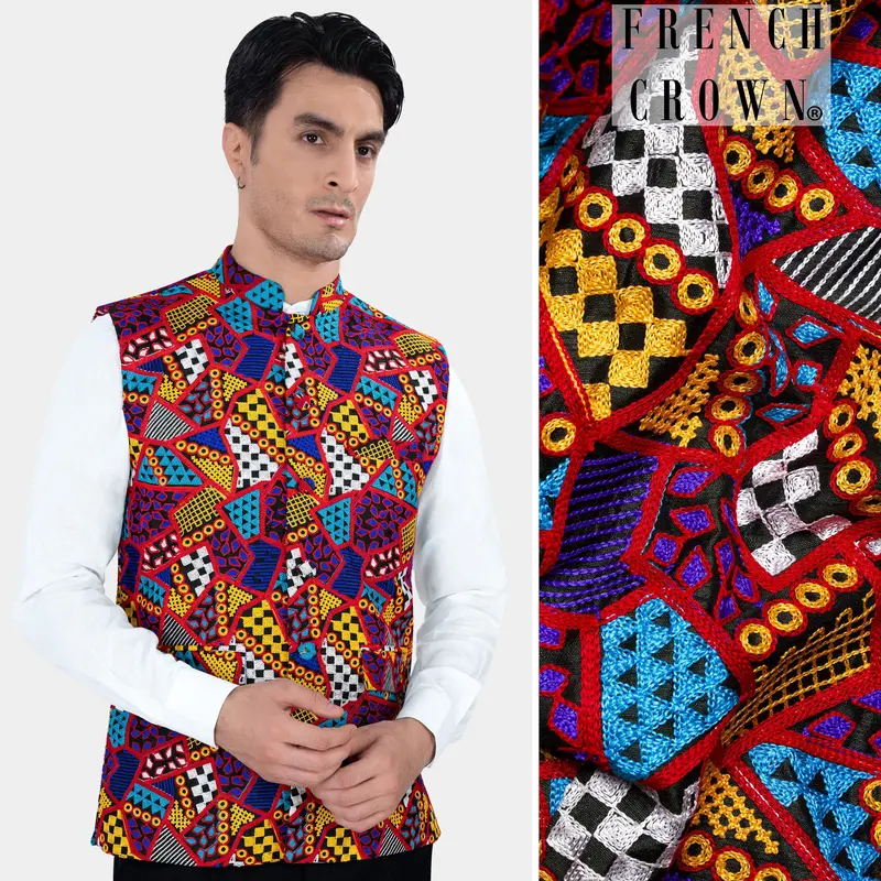 Canray Orange And Catalina Blue Multicolour Cotton Thread Embroidered Nehru Jacket 1