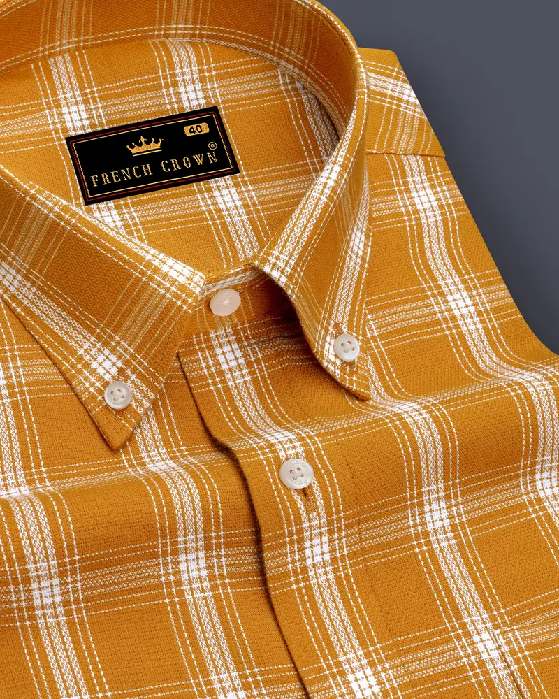 Cantaloupe Brown Plaid Dobby Textured Premium Giza Cotton Shirt 1