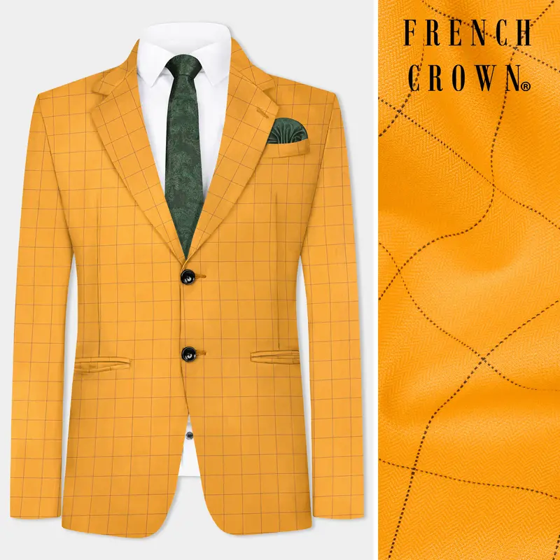 Cantaloupe Yellow Herringbone Windowpane Single Breasted Blazer 1