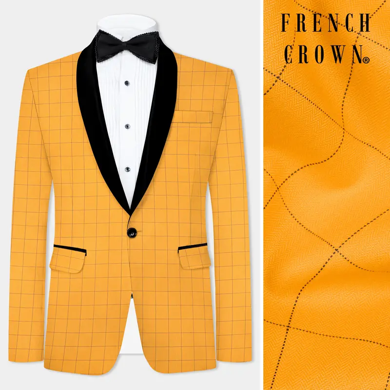 Cantaloupe Yellow Herringbone Windowpane Tuxedo Blazer 1