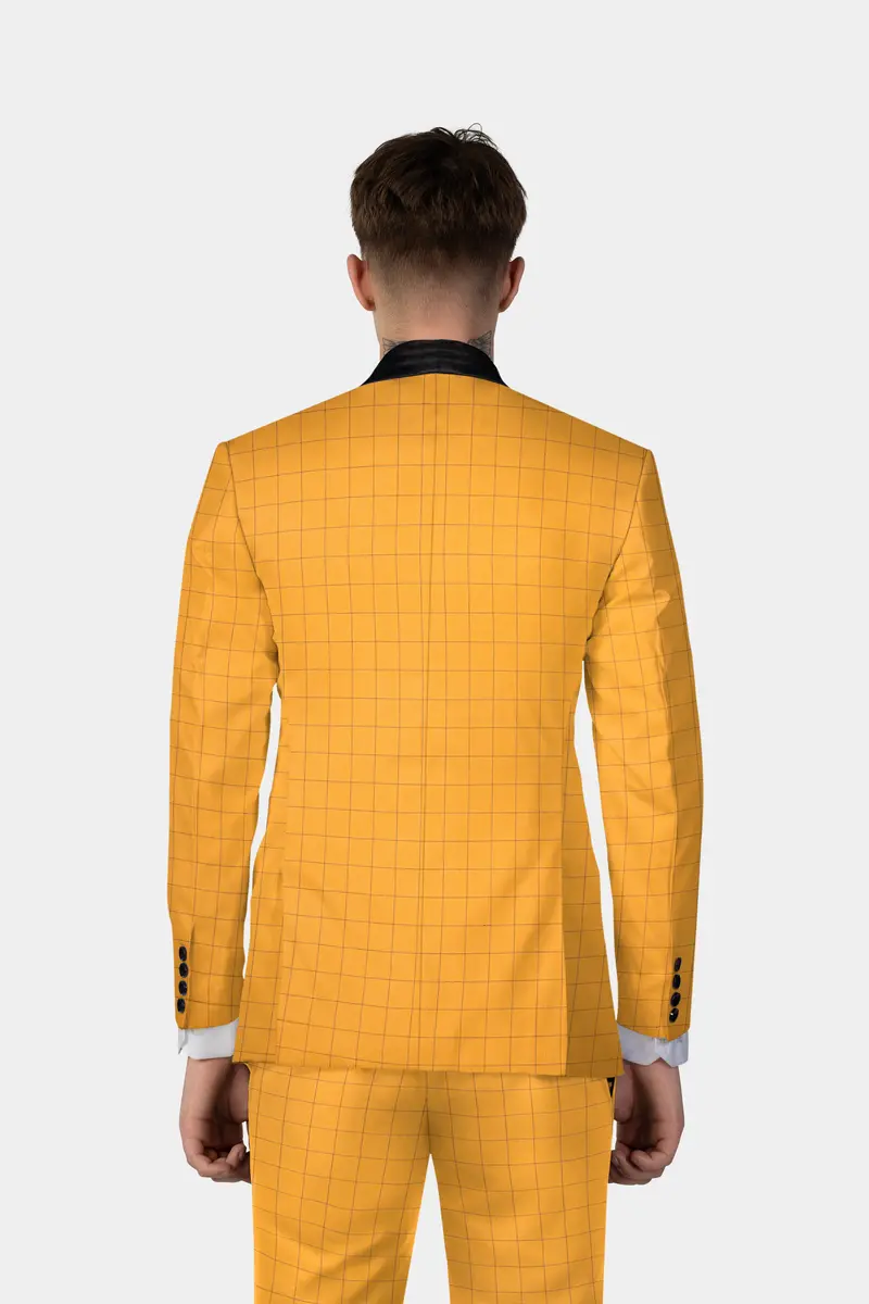 Cantaloupe Yellow Herringbone Windowpane Tuxedo Blazer 10