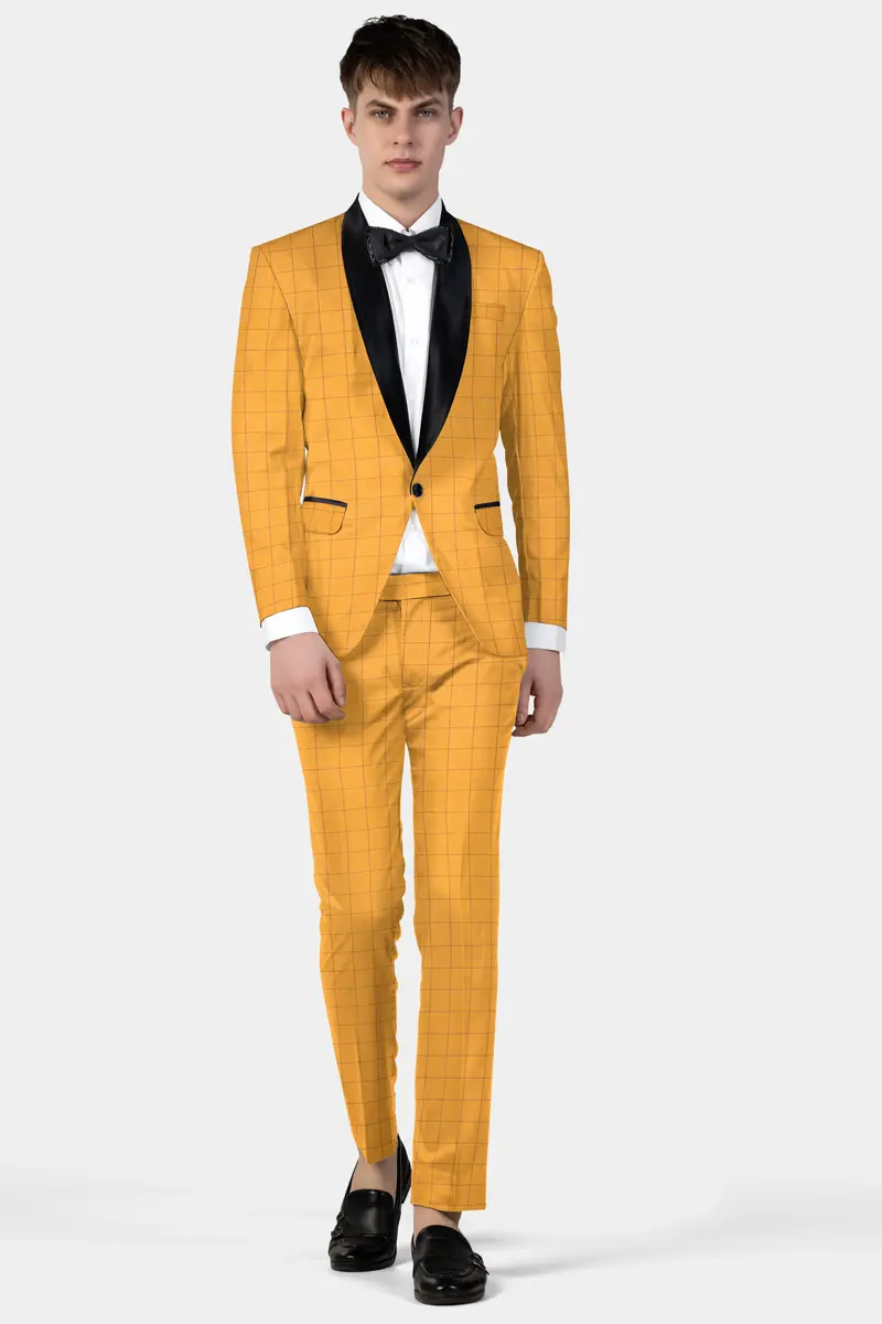 Cantaloupe Yellow Herringbone Windowpane Tuxedo Blazer 11
