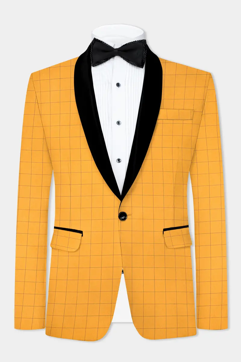 Cantaloupe Yellow Herringbone Windowpane Tuxedo Blazer 2