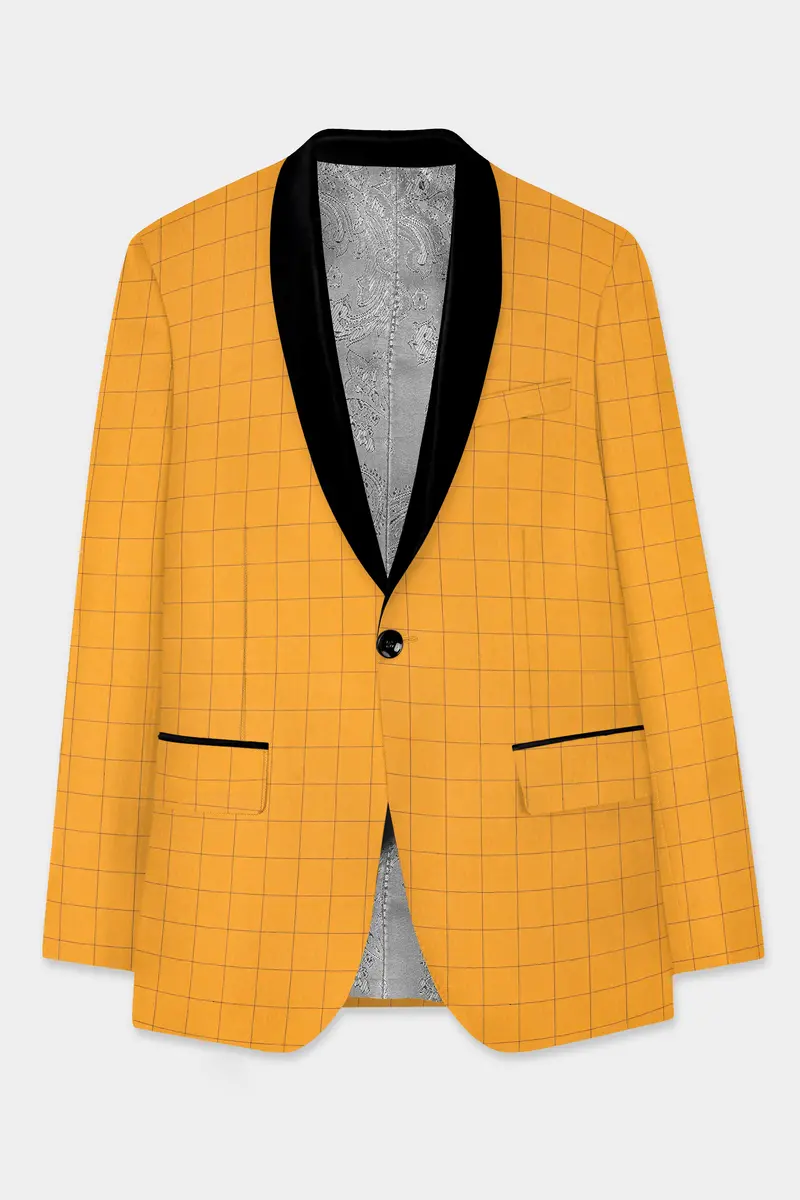 Cantaloupe Yellow Herringbone Windowpane Tuxedo Blazer 7