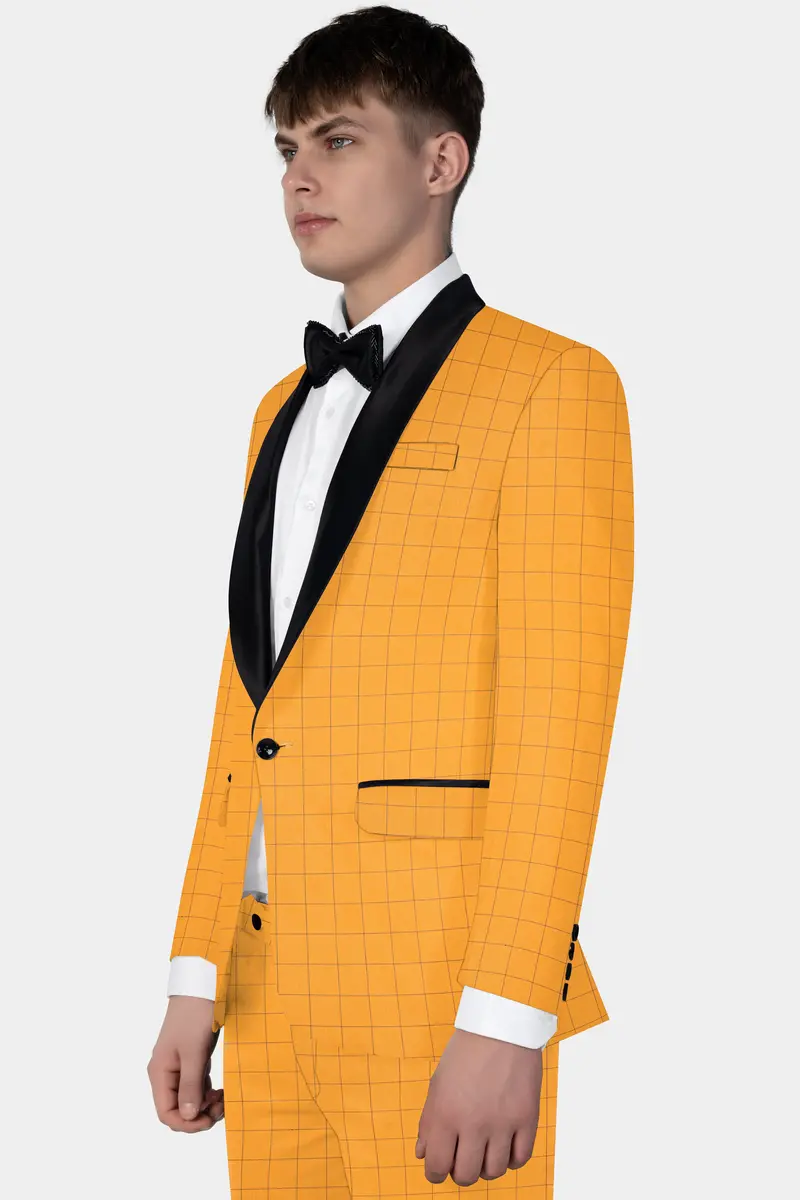 Cantaloupe Yellow Herringbone Windowpane Tuxedo Blazer 9