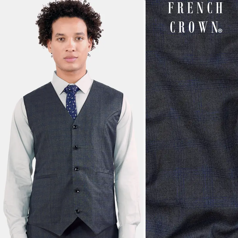 Capecod Gray And Delft Blue Subtle Checkered Wool Rich Waistcoat 1