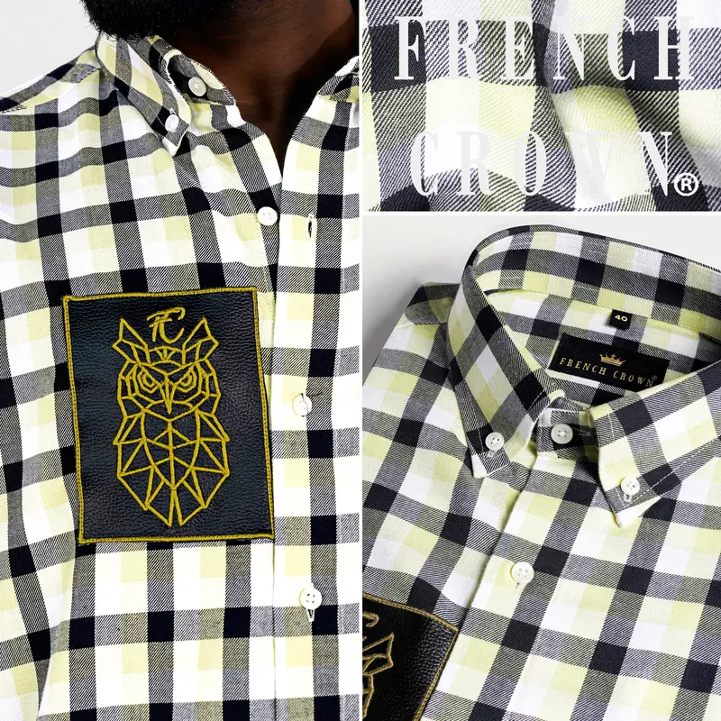 Caper Green With Black Checkered And Funky Patch Work Twill Premium Cotton Designer Shirt 1