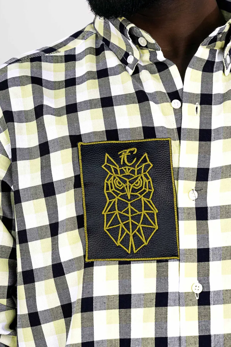 Caper Green With Black Checkered And Funky Patch Work Twill Premium Cotton Designer Shirt 2