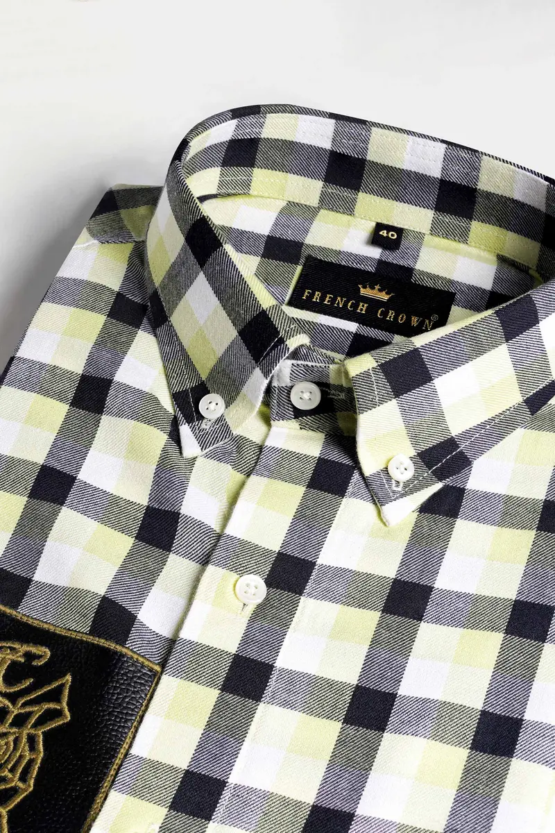 Caper Green With Black Checkered And Funky Patch Work Twill Premium Cotton Designer Shirt 4