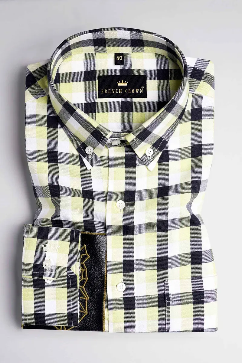 Caper Green With Black Checkered And Funky Patch Work Twill Premium Cotton Designer Shirt 5