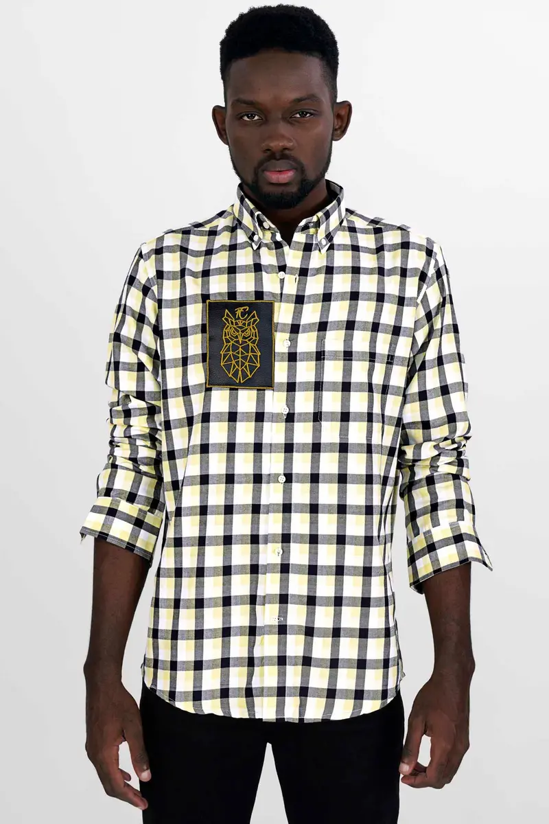 Caper Green With Black Checkered And Funky Patch Work Twill Premium Cotton Designer Shirt 6