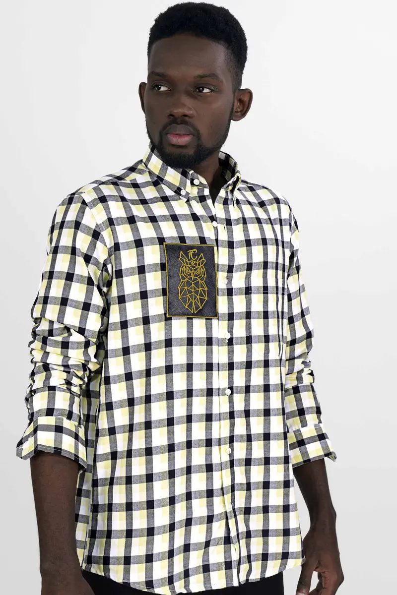 Caper Green With Black Checkered And Funky Patch Work Twill Premium Cotton Designer Shirt 7