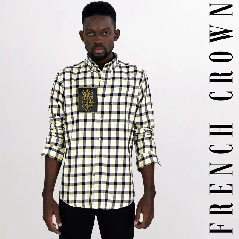 Caper Green With Black Checkered And Funky Patch Work Twill Premium Cotton Designer Shirt 9
