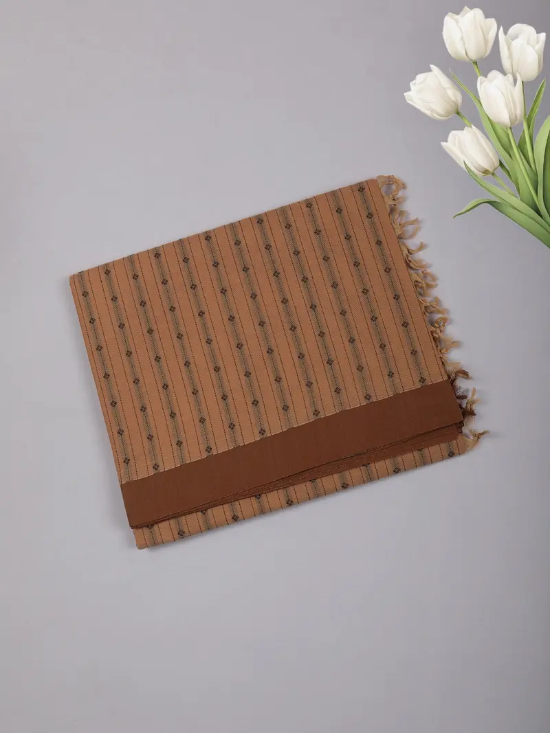 Caramel Brown Striped Butta Woven Cotton Saree With Solid Border 1