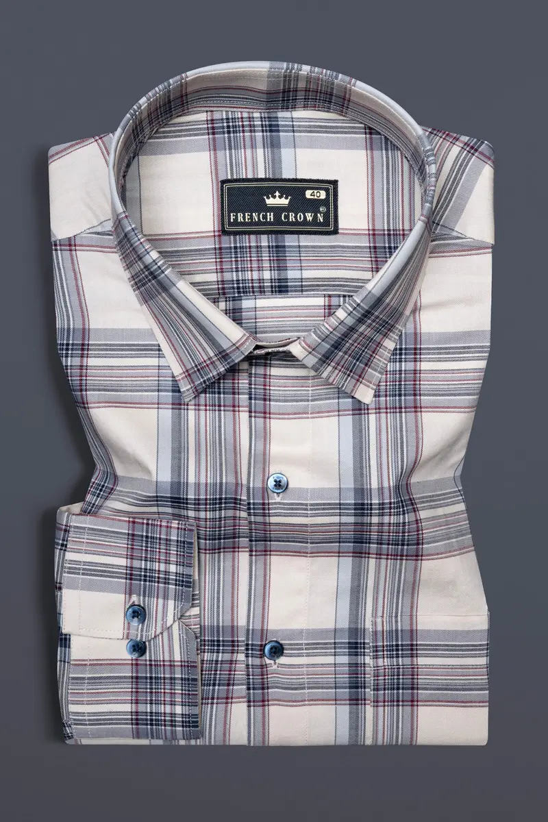 Cararra Cream With Multicolor Checks Plaid Twill Cotton Shirt 3