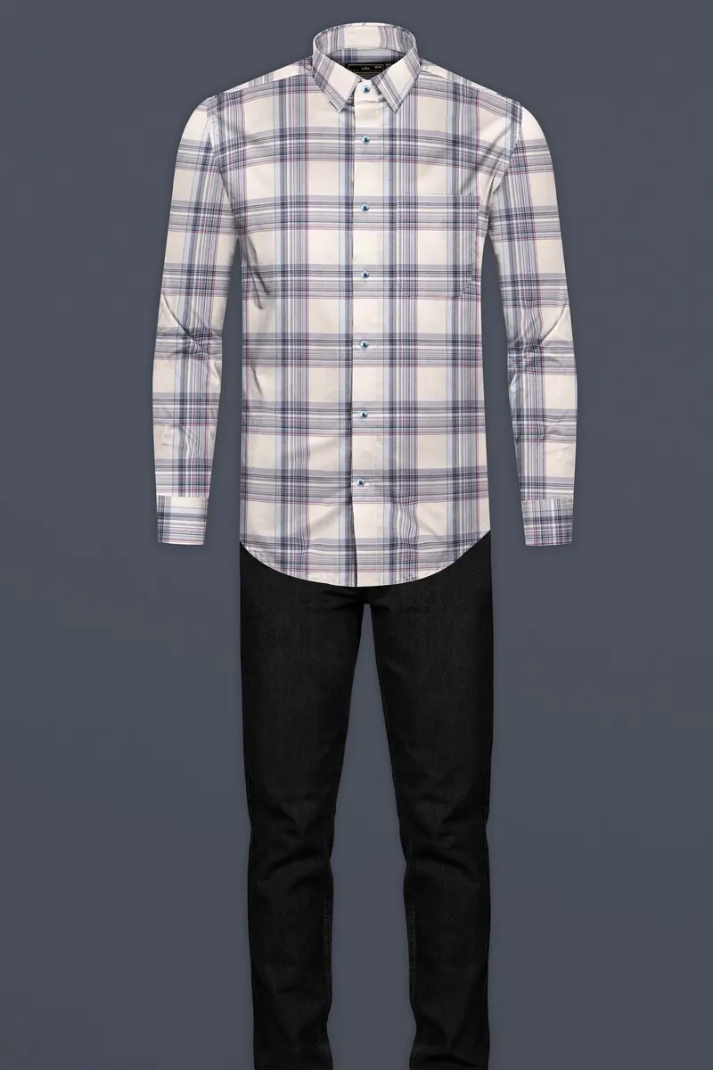 Cararra Cream With Multicolor Checks Plaid Twill Cotton Shirt 6