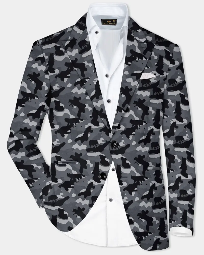 Carbon Gray And Cinder Black Camouflage Printed Cotton Single Breasted Blazer 1