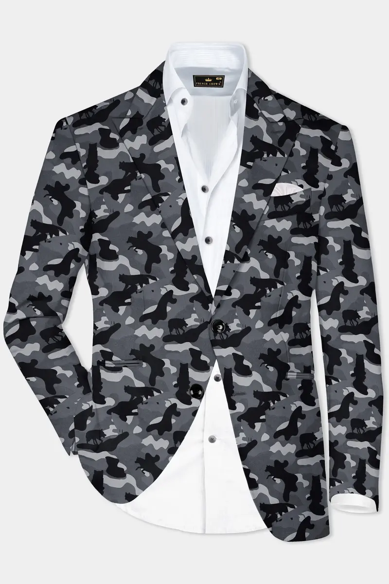 Carbon Gray And Cinder Black Camouflage Printed Cotton Single Breasted Blazer 2