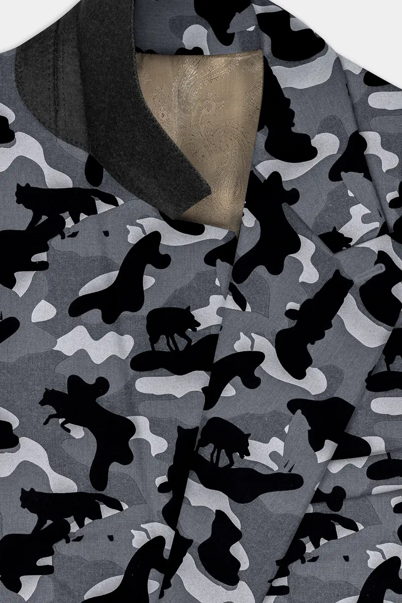 Carbon Gray And Cinder Black Camouflage Printed Cotton Single Breasted Blazer 5