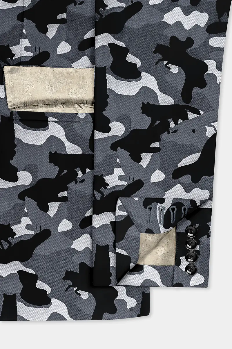 Carbon Gray And Cinder Black Camouflage Printed Cotton Single Breasted Blazer 6