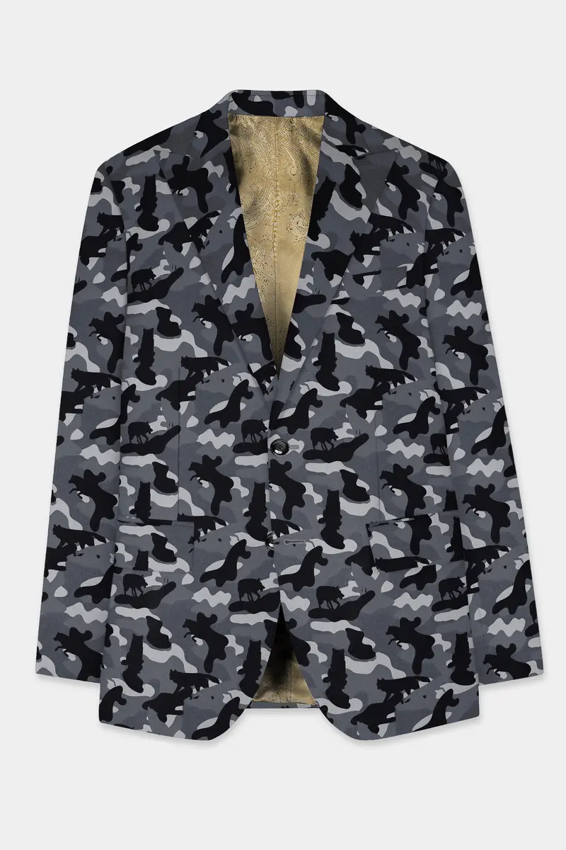 Carbon Gray And Cinder Black Camouflage Printed Cotton Single Breasted Blazer 7