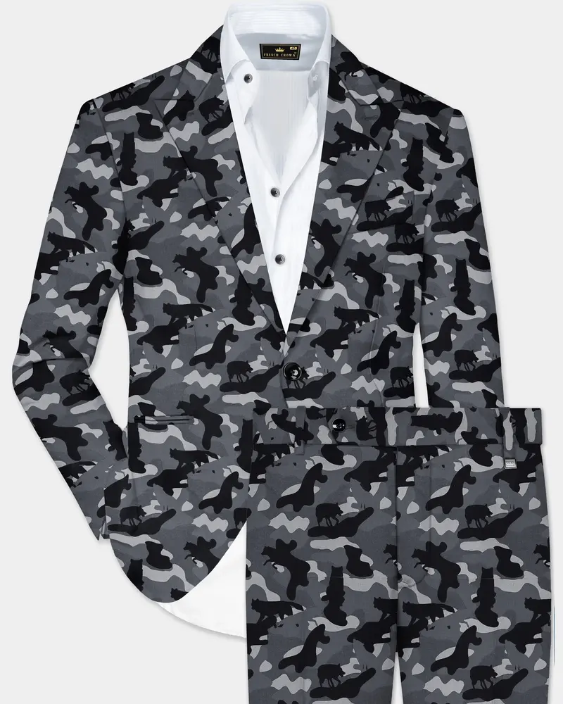 Carbon Gray And Cinder Black Camouflage Printed Cotton Single Breasted Suit 1