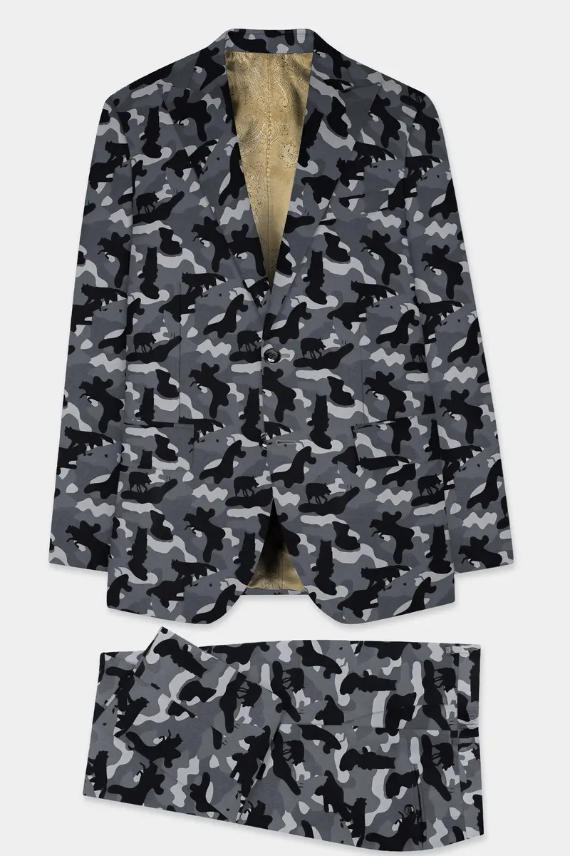 Carbon Gray And Cinder Black Camouflage Printed Cotton Single Breasted Suit 11
