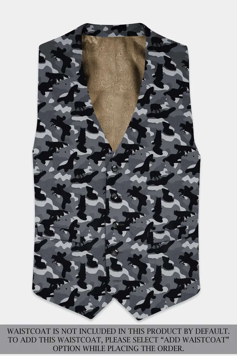 Carbon Gray And Cinder Black Camouflage Printed Cotton Single Breasted Suit 16