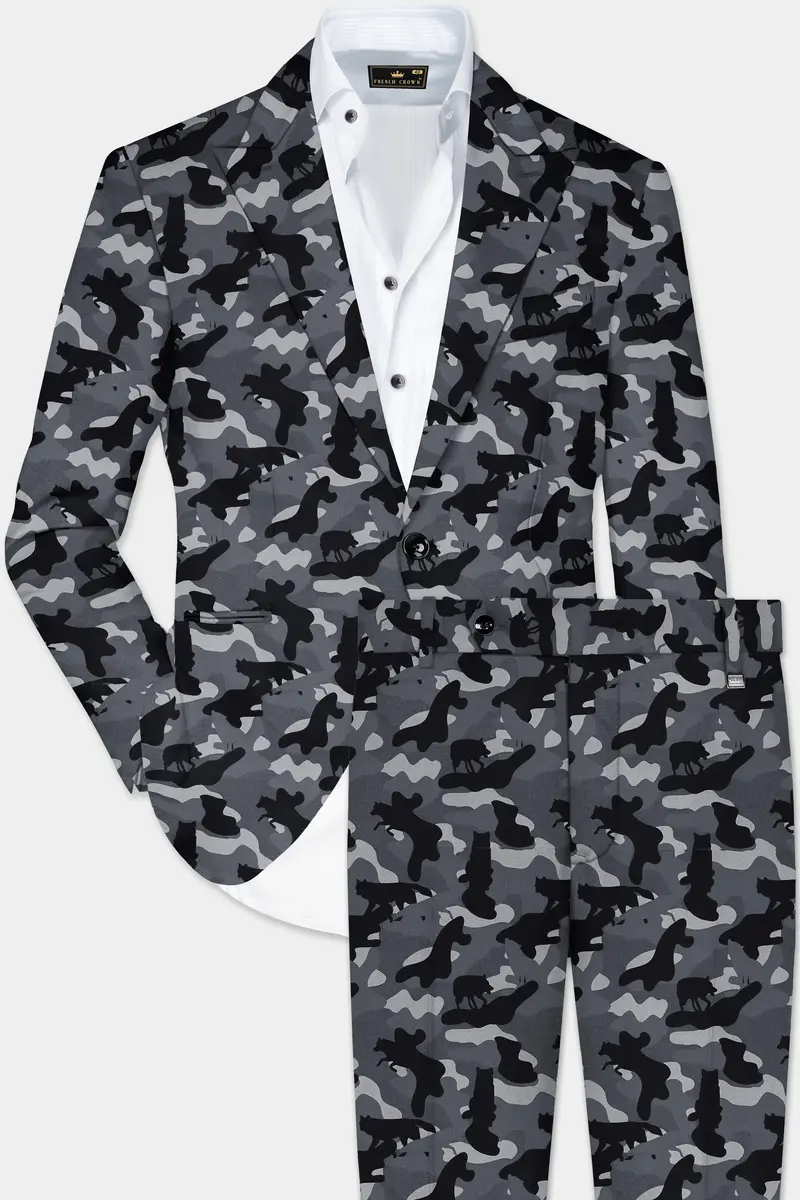 Carbon Gray And Cinder Black Camouflage Printed Cotton Single Breasted Suit 2