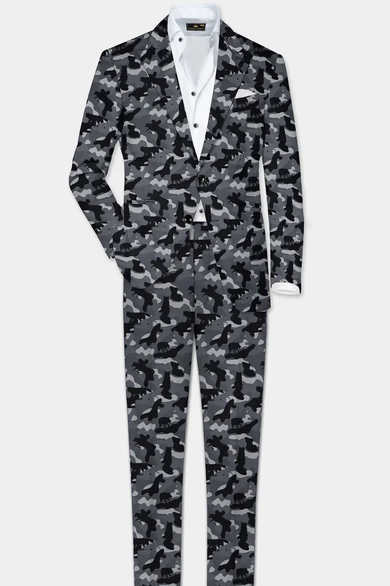 Carbon Gray And Cinder Black Camouflage Printed Cotton Single Breasted Suit 4