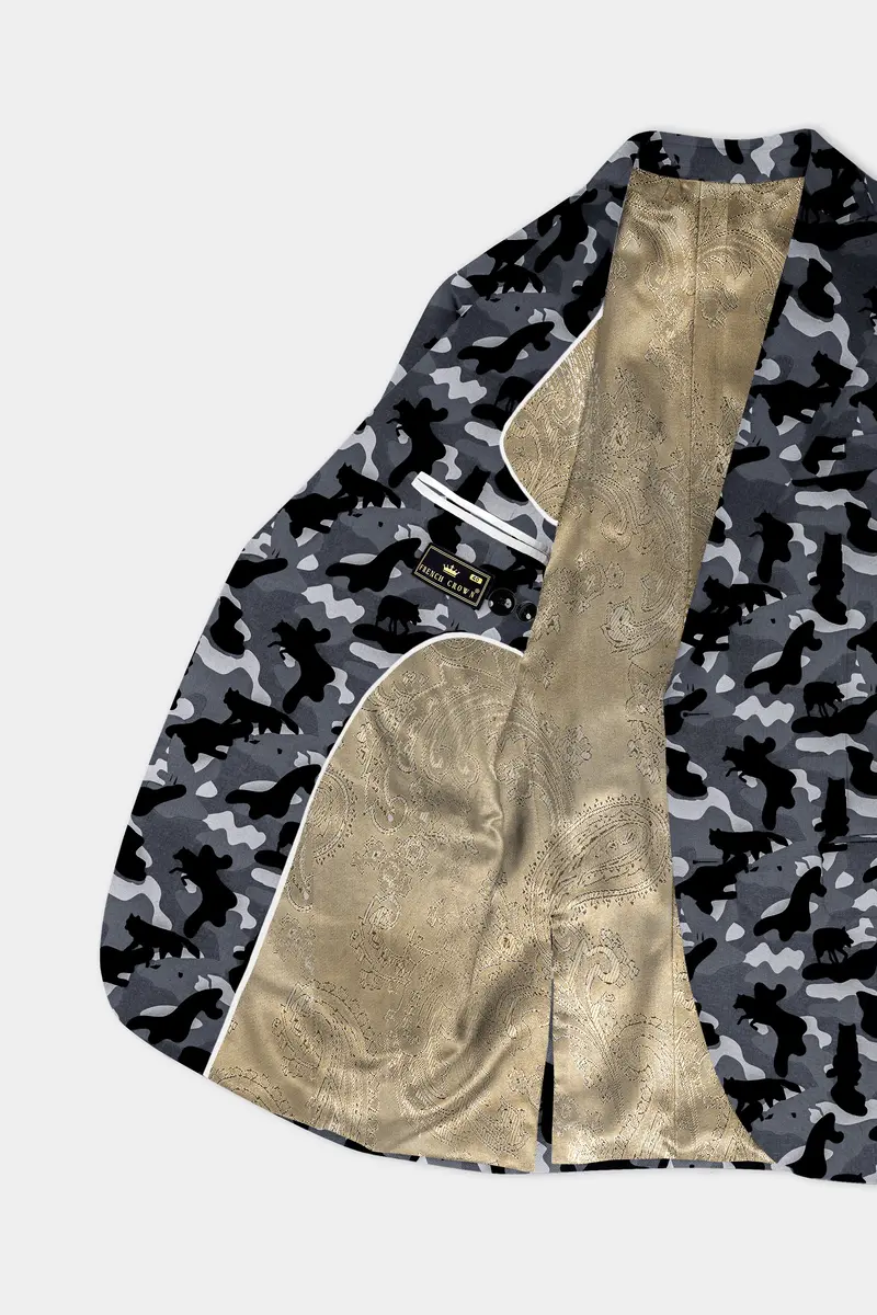 Carbon Gray And Cinder Black Camouflage Printed Cotton Single Breasted Suit 5